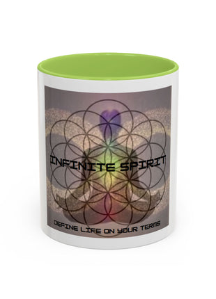 Infinite Spirit Accent Coffee Mug — Chakra Flower of Life Design (In Color)